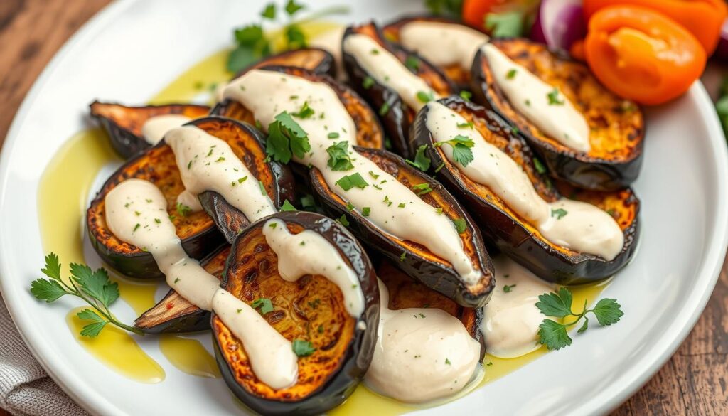 tahini sauce with fresh herbs and eggplant toppings